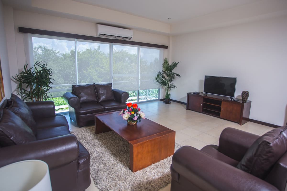 Ein geräumiges Wohnzimmer mit großem Fenster, Ledersofas, einem Holztisch und einem Fernseher auf einem Holzständer.