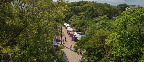 Un sentier bordé d’arbres, avec des étals de marché et des gens qui se promènent.