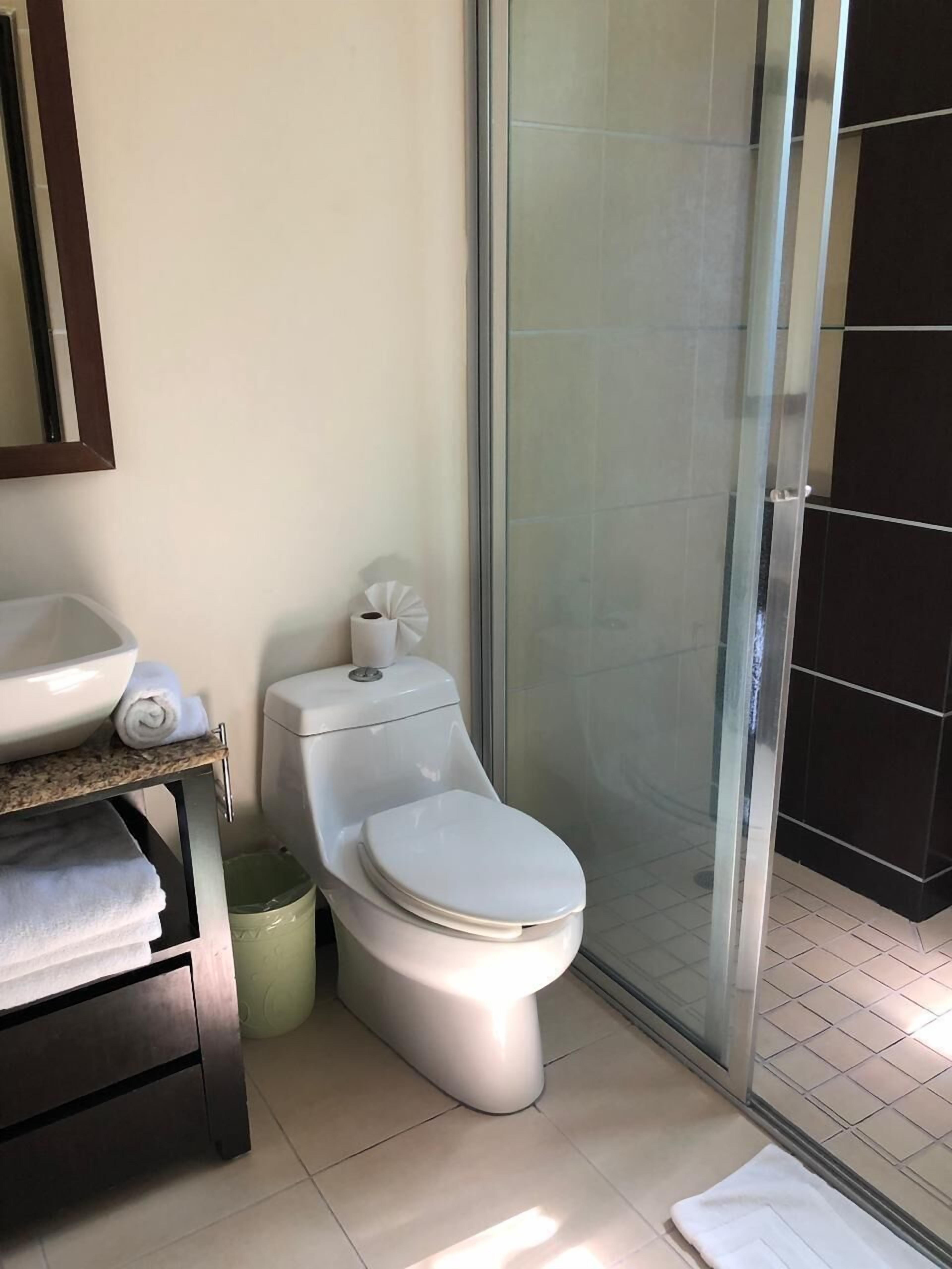 A modern bathroom with a toilet, sink, and glass shower enclosure.