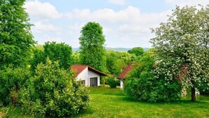 A rural setting with two white houses, surrounded by lush greenery and trees. - Solling by Interhome (Uslar)