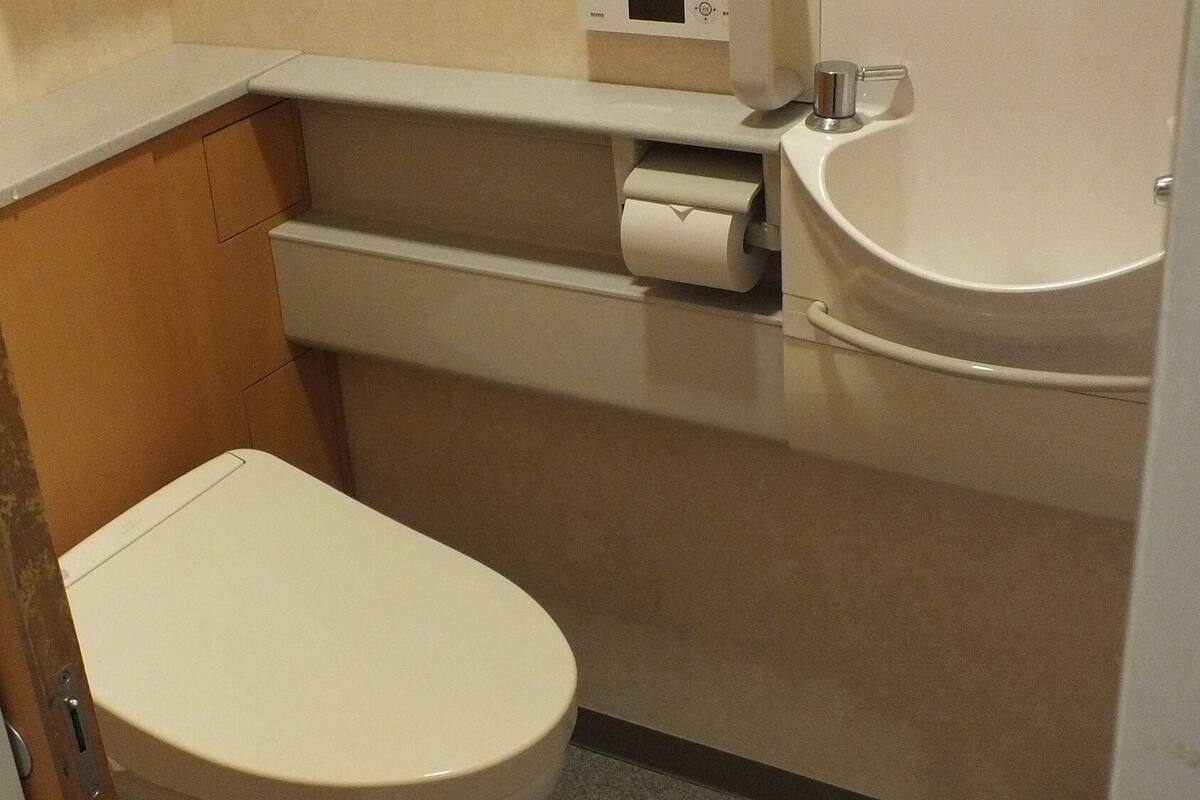 Un baño pequeño con inodoro, lavabo y dispensador de papel higiénico.