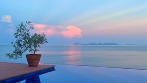 Un área tranquila junto a la piscina con una planta en maceta y vistas al mar.