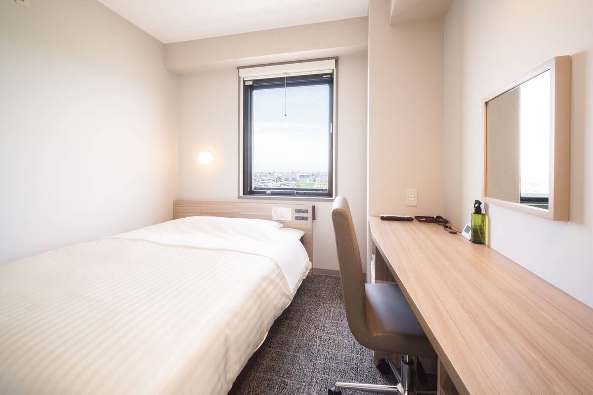 Een hotelkamer met een bed, bureau, stoel, raam met uitzicht en een spiegel.