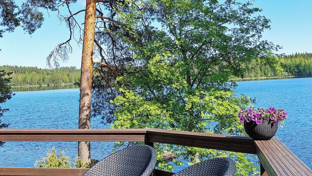 A wooden deck with two wicker chairs and a potted plant.