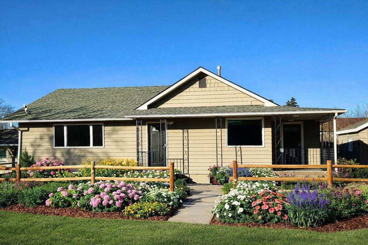 A single-story house with a front porch, a garage, and a well-maintained garden with various flowers.