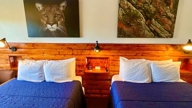 Habitación con dos camas, paredes de madera y dos cuadros.