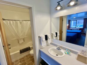 Chambre, 2 grands lits, vue montagne | Salle de bain | Ensemble douche/baignoire, articles de toilette gratuits, sèche-cheveux