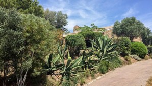 Une propriété située sur une colline, avec un bâtiment en pierre, entourée d’une végétation luxuriante et sous un ciel dégagé.