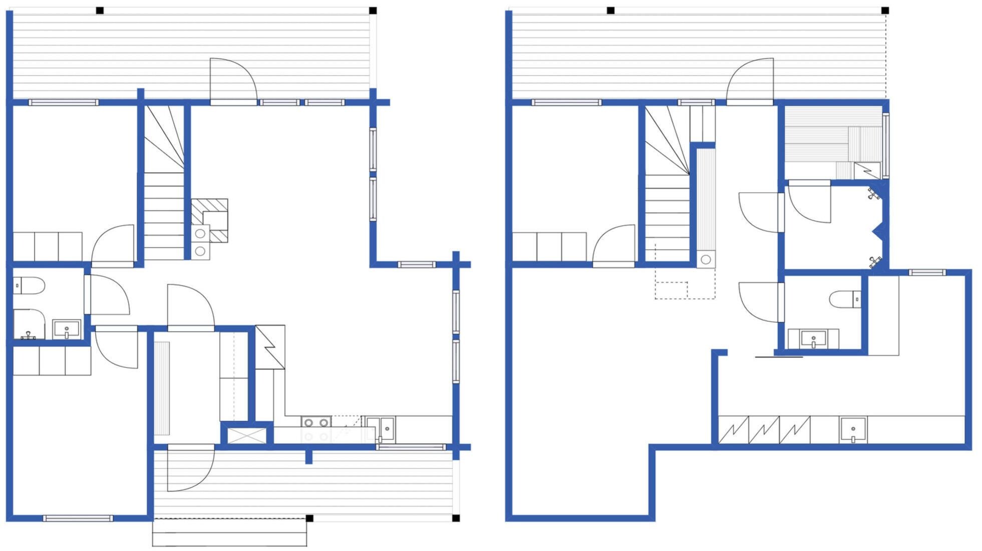 A floor plan with two bedrooms, a bathroom, a kitchen, and a living area.