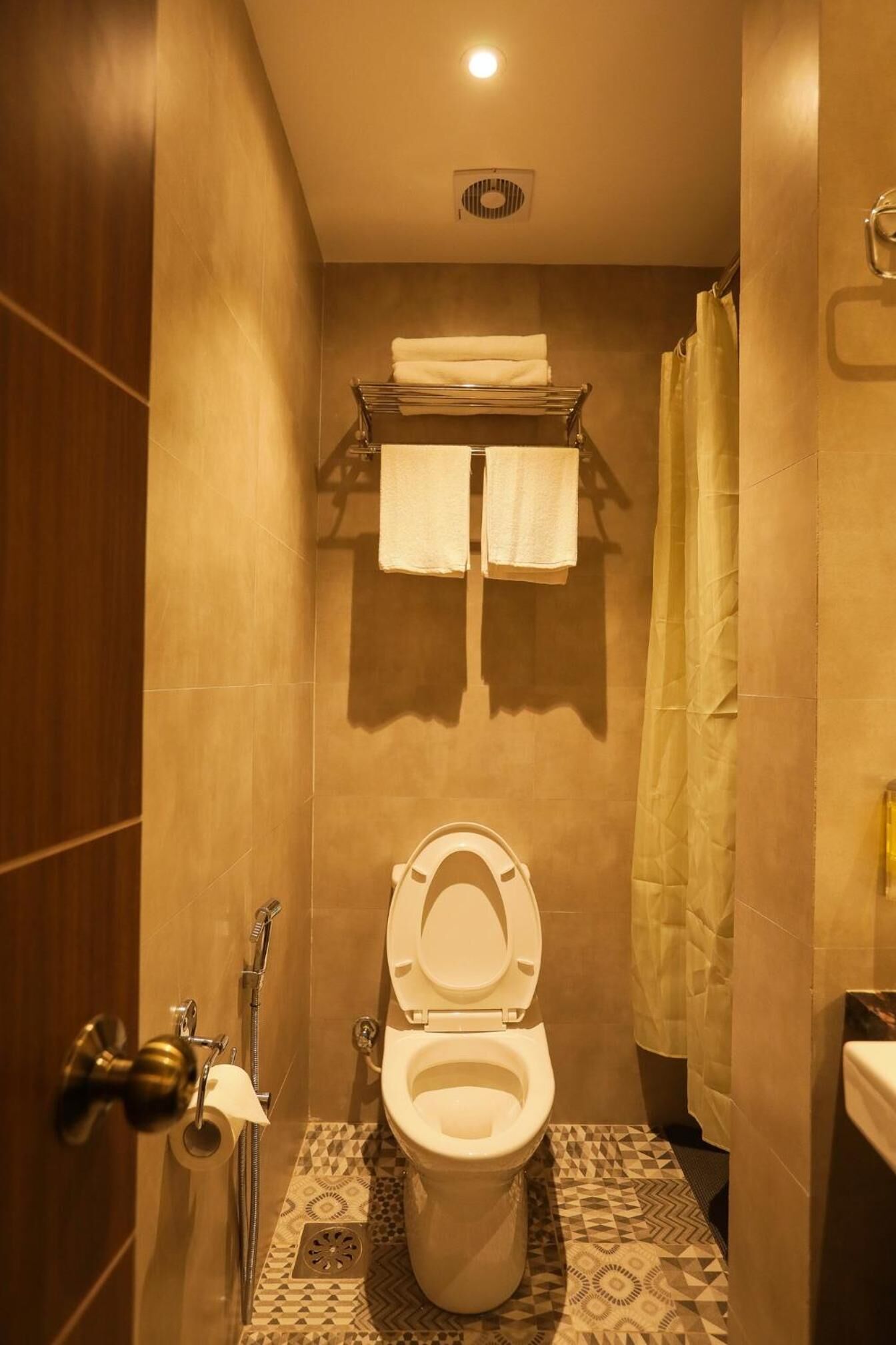 A bathroom with a toilet, shower, and towel rack.
