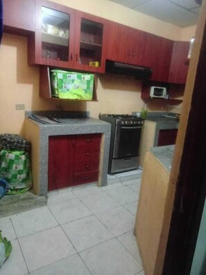 Refrigerador, horno, placa de cocina, utensilios de cocina