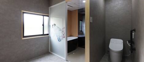 A modern bathroom with a toilet, a sink, and a window.