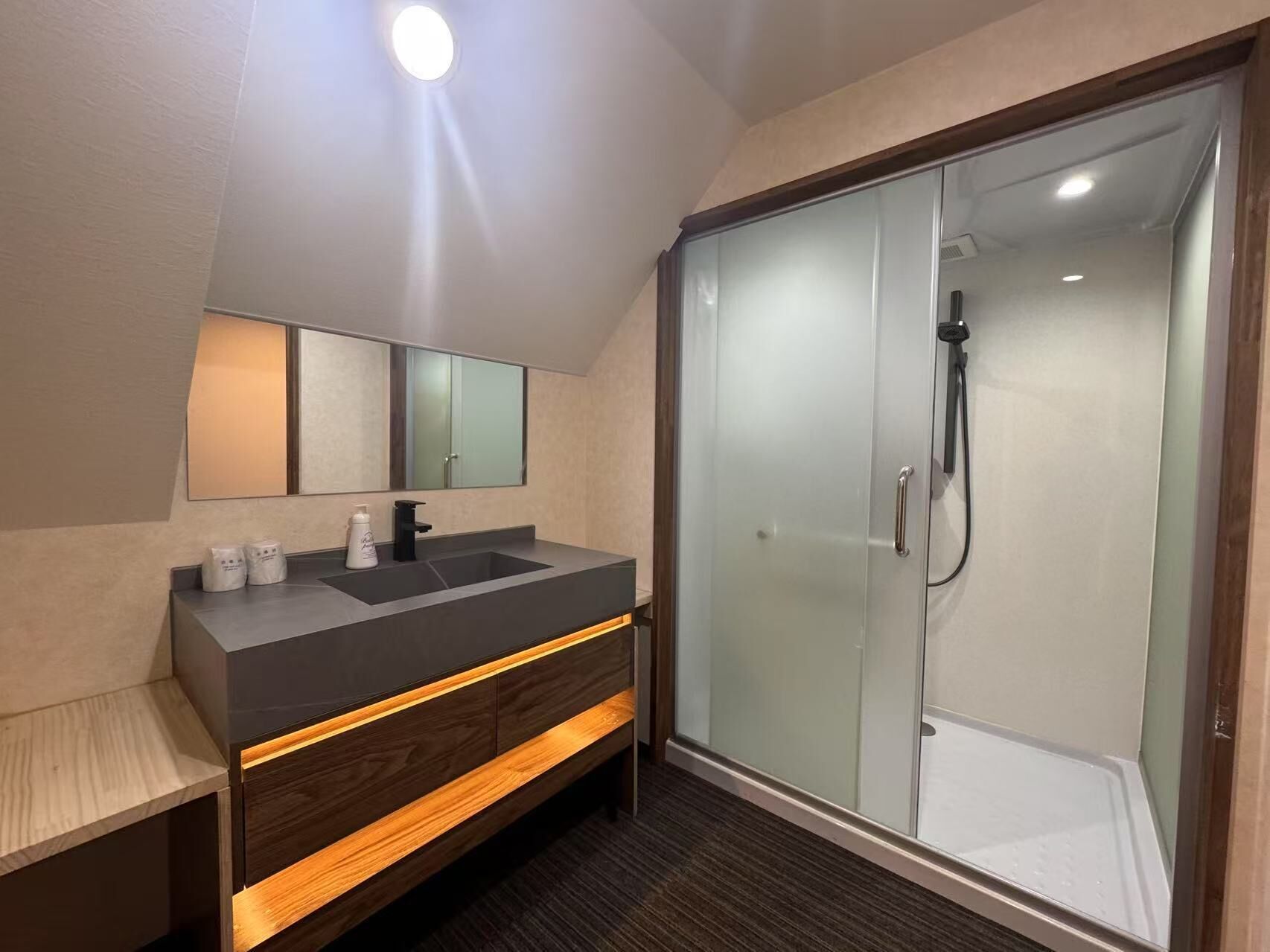 Een moderne badkamer met een donkere wastafel, een grote spiegel en een douche met glazen wanden.