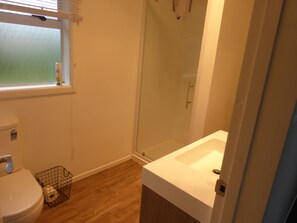 Een badkamer met toilet, douche en wastafel.