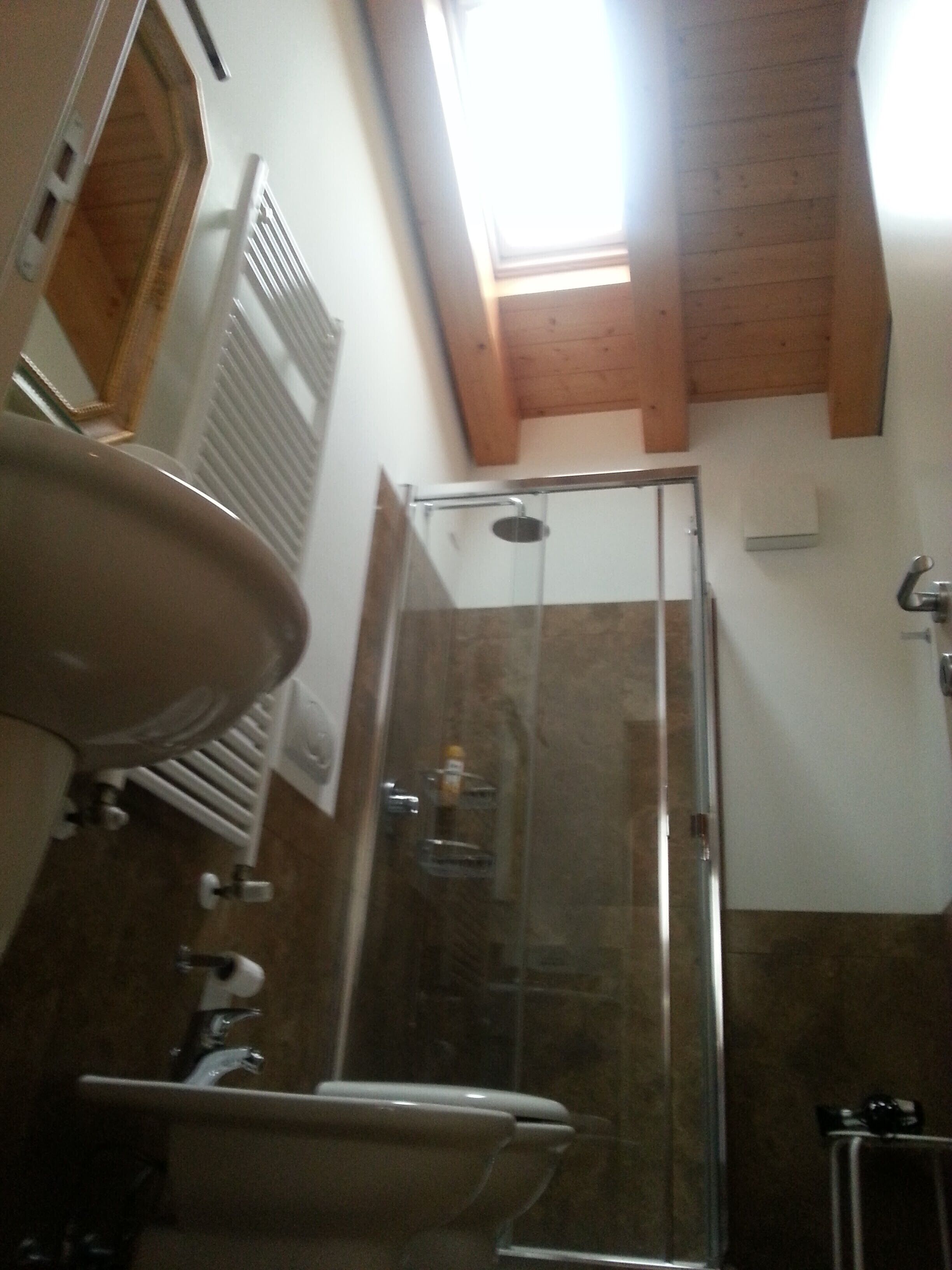 A bathroom with a shower, a sink, and a toilet.