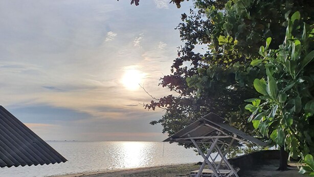 A beach with lounge chairs and a small shelter. - Berakit Bay Resort (Bintan)