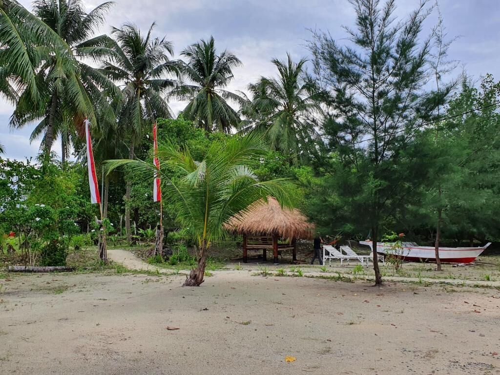 Zona de playa con palmeras, una cabaña de techo de paja y un bote.