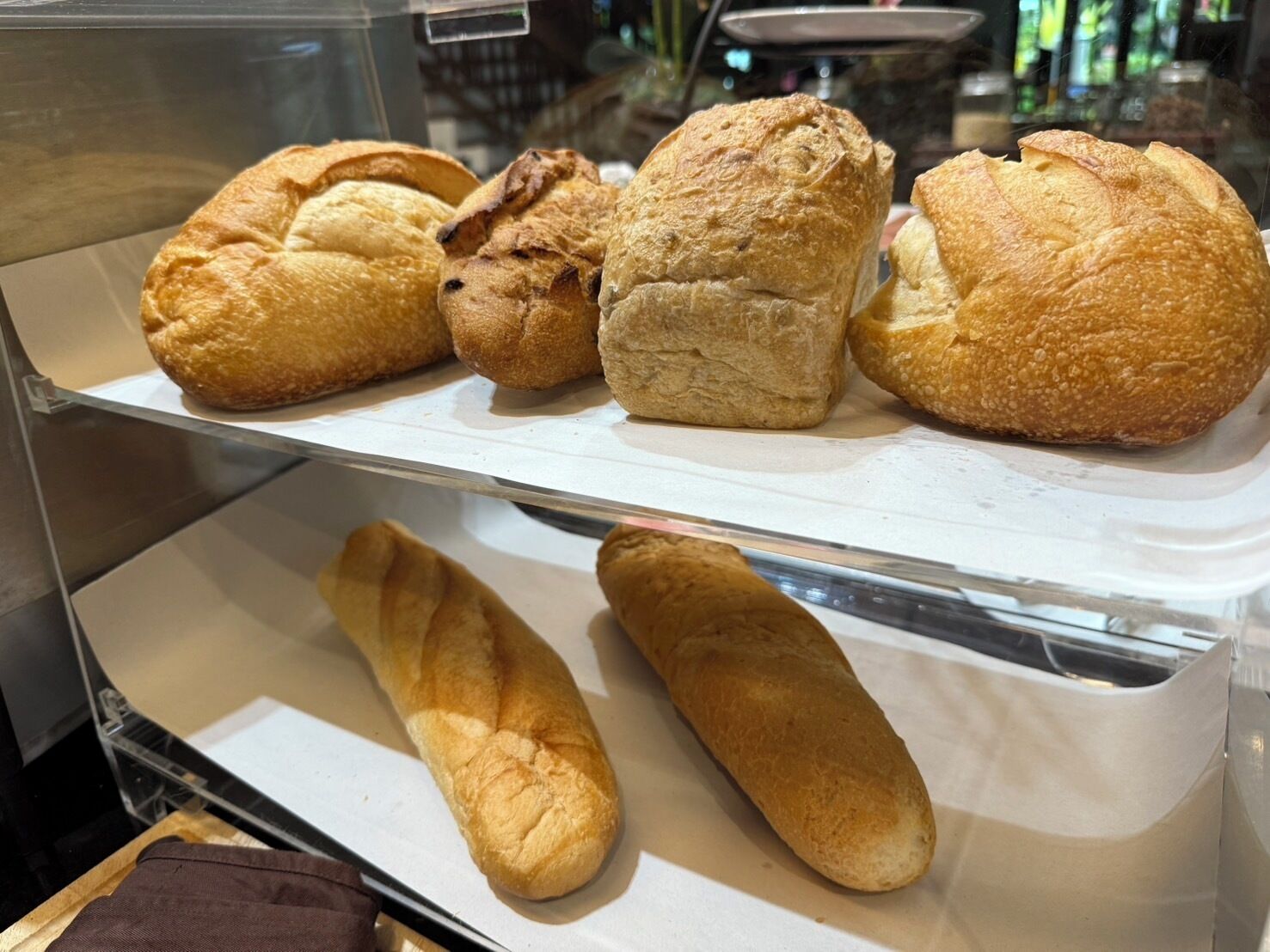 Une vitrine contenant divers produits de boulangerie, notamment des pains et des petits pains.