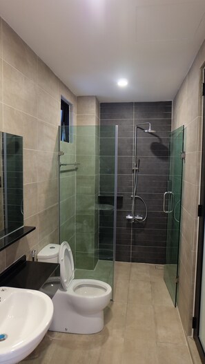 Hair dryer, towels, shampoo, toilet paper