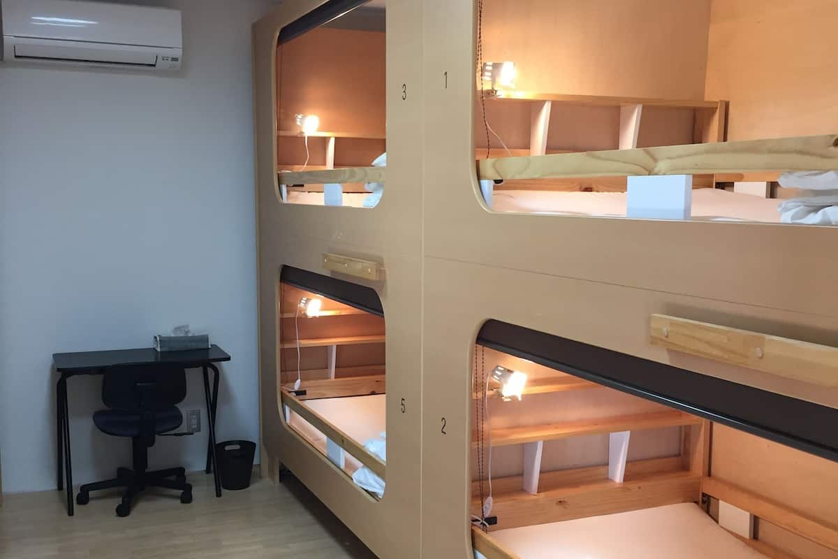 Habitación con literas, escritorios y un equipo de aire acondicionado.