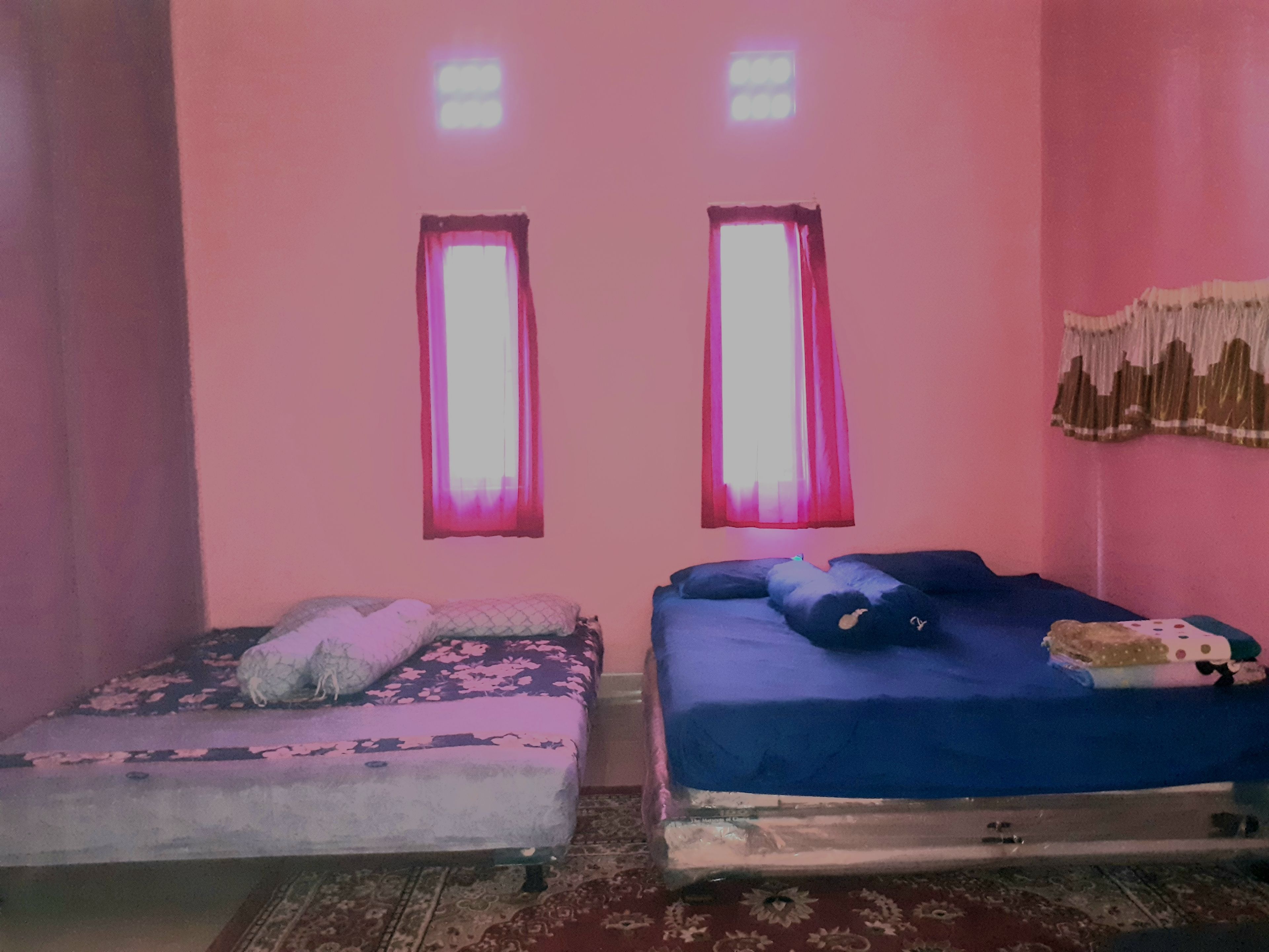 Ein Zimmer mit zwei Betten, jedes mit einer anderen Bettdecke. Zwei Fenster mit Vorhängen und ein Wandbild über den Betten.
