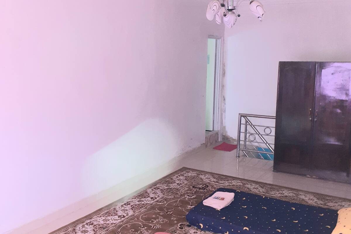 A room with a patterned carpet, a pink bed, a blue bed with a starry pattern, a ceiling fan, and a wardrobe.