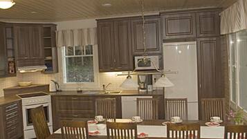 Fridge, microwave, dishwasher, cookware/dishes/utensils