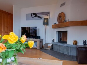 Una sala de estar moderna con chimenea, un televisor de pantalla plana y un mueble de madera.