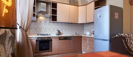 Apartment | Private kitchen | Full-size fridge, microwave, oven, stovetop