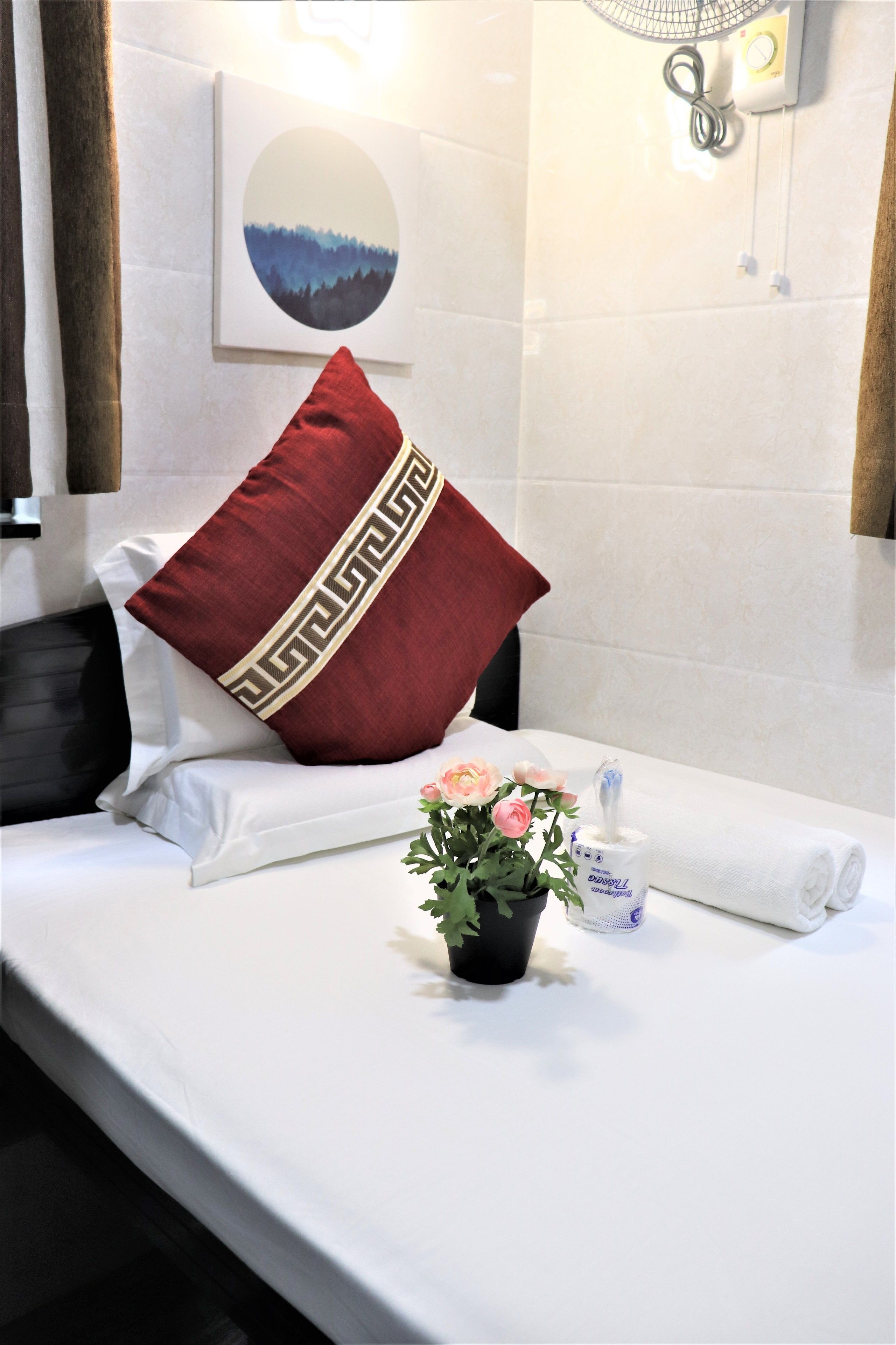 A neatly made bed with a red pillow, a small potted plant, and a tissue box on the bedside table.