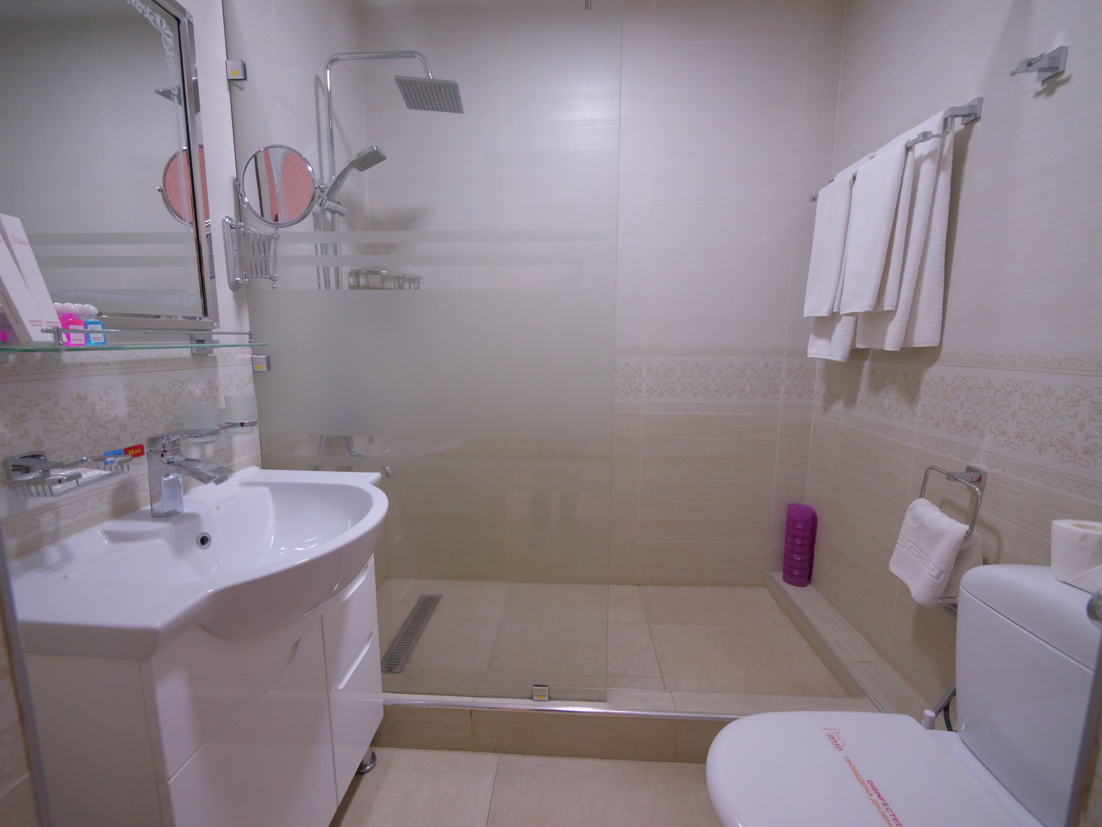 A modern bathroom with a glass-enclosed shower, a white sink, and a toilet.
