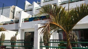 A white building with green railings and a palm tree in the foreground. - Holiday Apartment, Beautiful one bedroom apartment, near to all amenities (Puerto del Carmen)