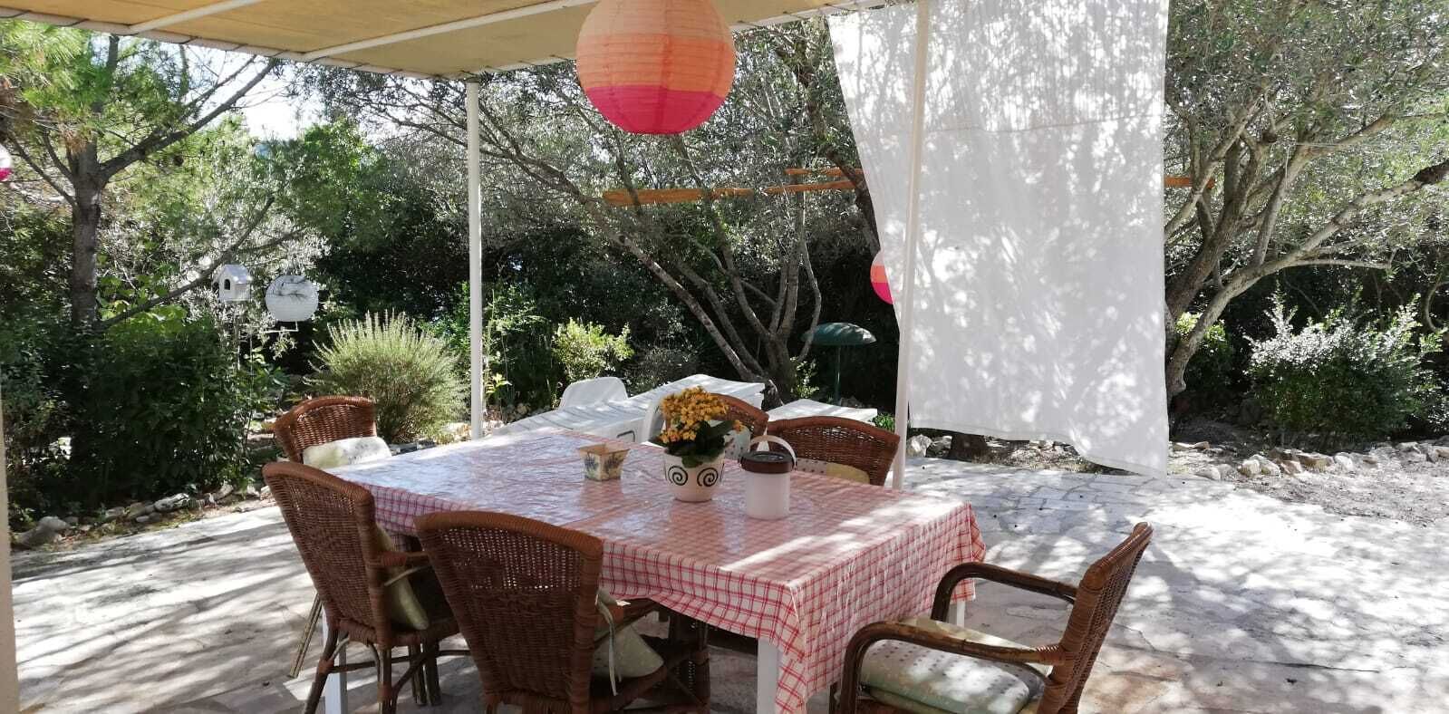 An outdoor patio with a table set for four, surrounded by wicker chairs, under a canopy.