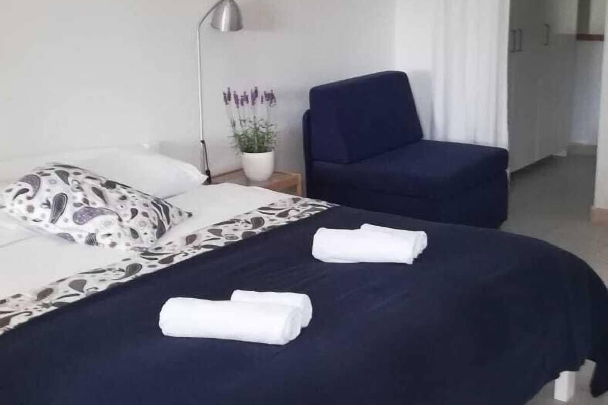A hotel room with two beds, a desk, a chair, a lamp, and a potted plant.