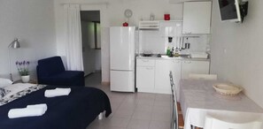 Studio, Sea view, Terrace, Ground floor | Yksityinen keittiö | Jääkaappi, liesi, vedenkeitin, keittoastiat/astiat/ruokailuvälineet