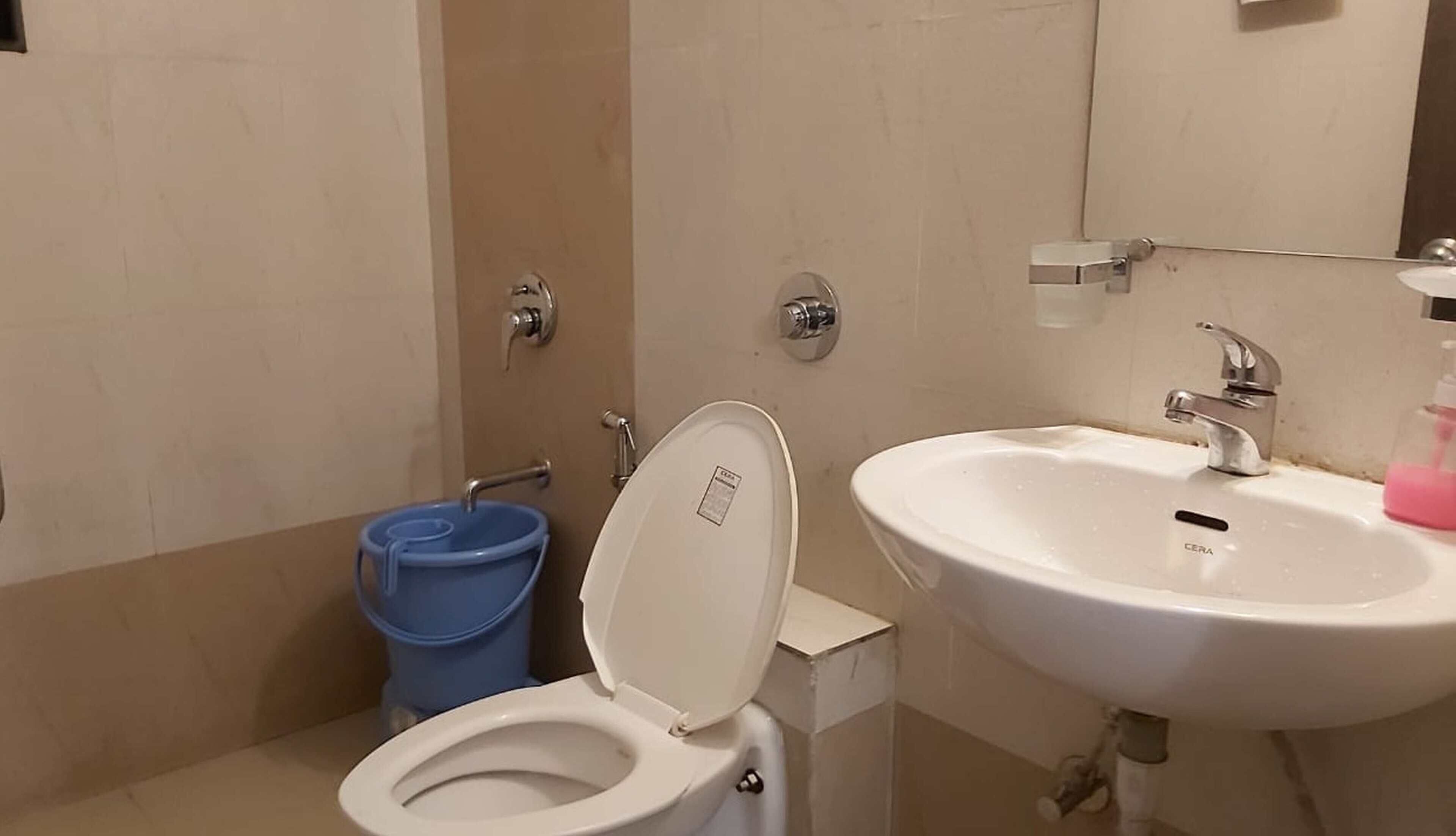 Une petite salle de bain avec des toilettes blanches, une poubelle bleue et un lavabo blanc avec un miroir au-dessus.
