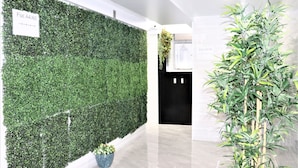 A hallway with a green artificial hedge, a potted plant, and a bamboo plant. - W's Lounge (Kowloon)