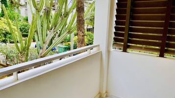 A balcony with a white railing, a view of a garden with cacti, and a building in the background.