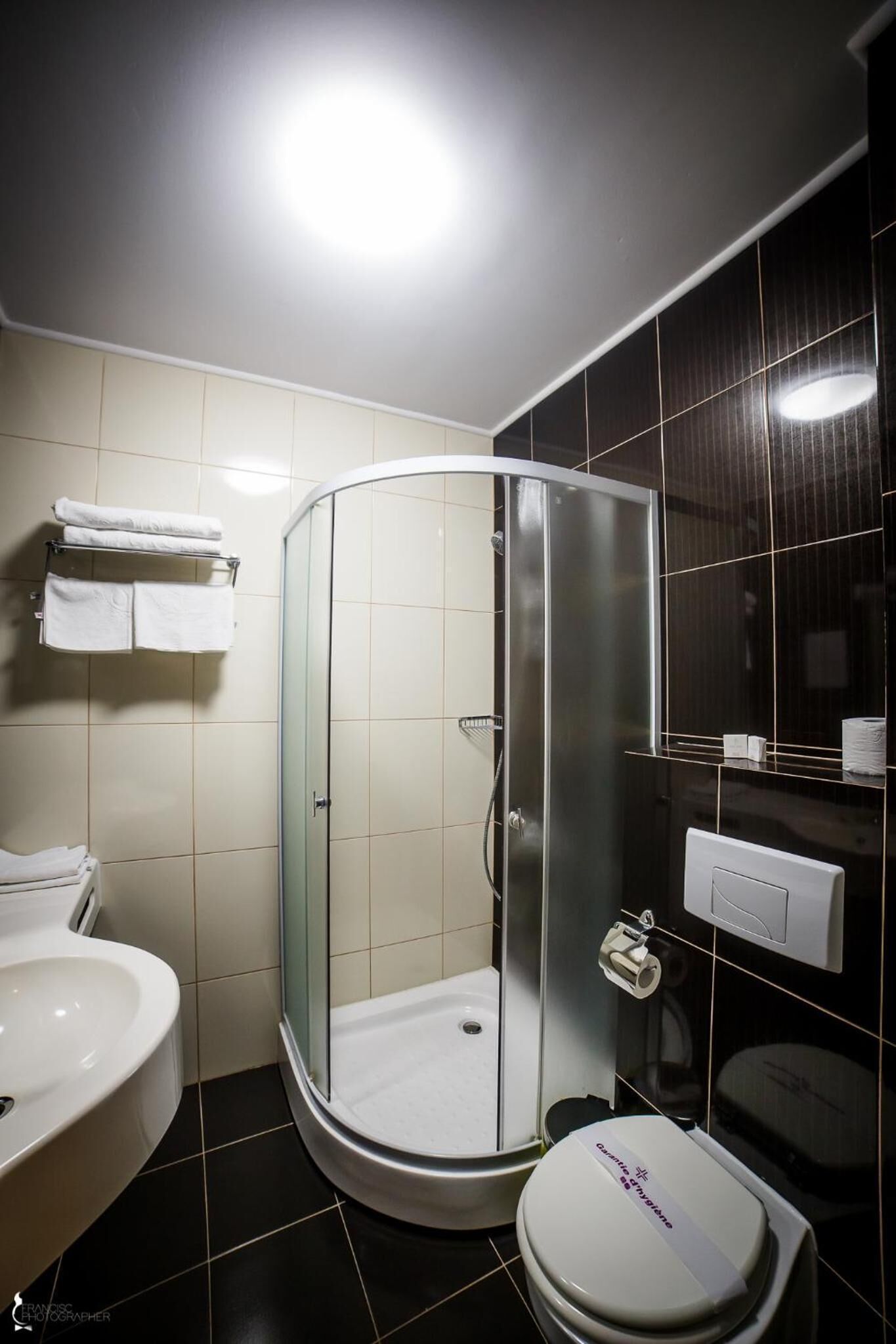 A modern bathroom with a glass-enclosed shower, a toilet, and a sink.