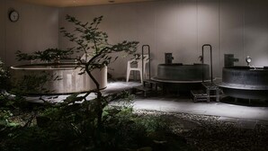 A modern bathroom with a large bathtub, a sink, and a toilet. There is a clock on the wall and a potted plant in the corner.