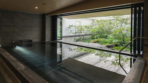 A modern indoor pool area with a glass wall offering a view of a garden.