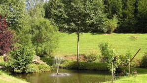 A serene pond with a fountain, surrounded by lush greenery and trees. - Gasthof Mühle Natur- & Wanderhotel (Rinchnach)