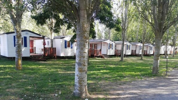 A row of mobile homes in a campground with grassy areas and trees. - Camping El Tormes (Alba de Tormes)