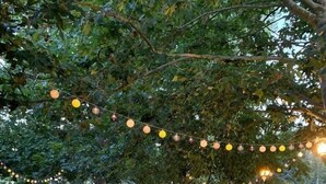 An outdoor dining area with red plastic chairs and tables, string lights, and trees providing shade. - Camping El Tormes (Alba de Tormes)