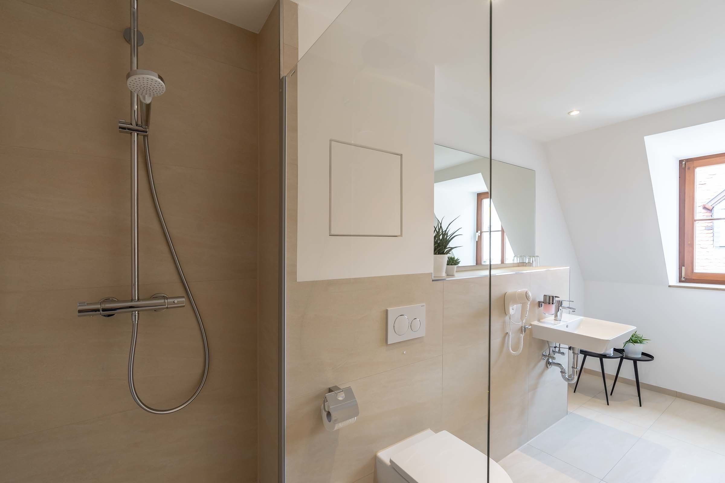 Dusche, kostenlose Toilettenartikel, Haartrockner, Handtücher