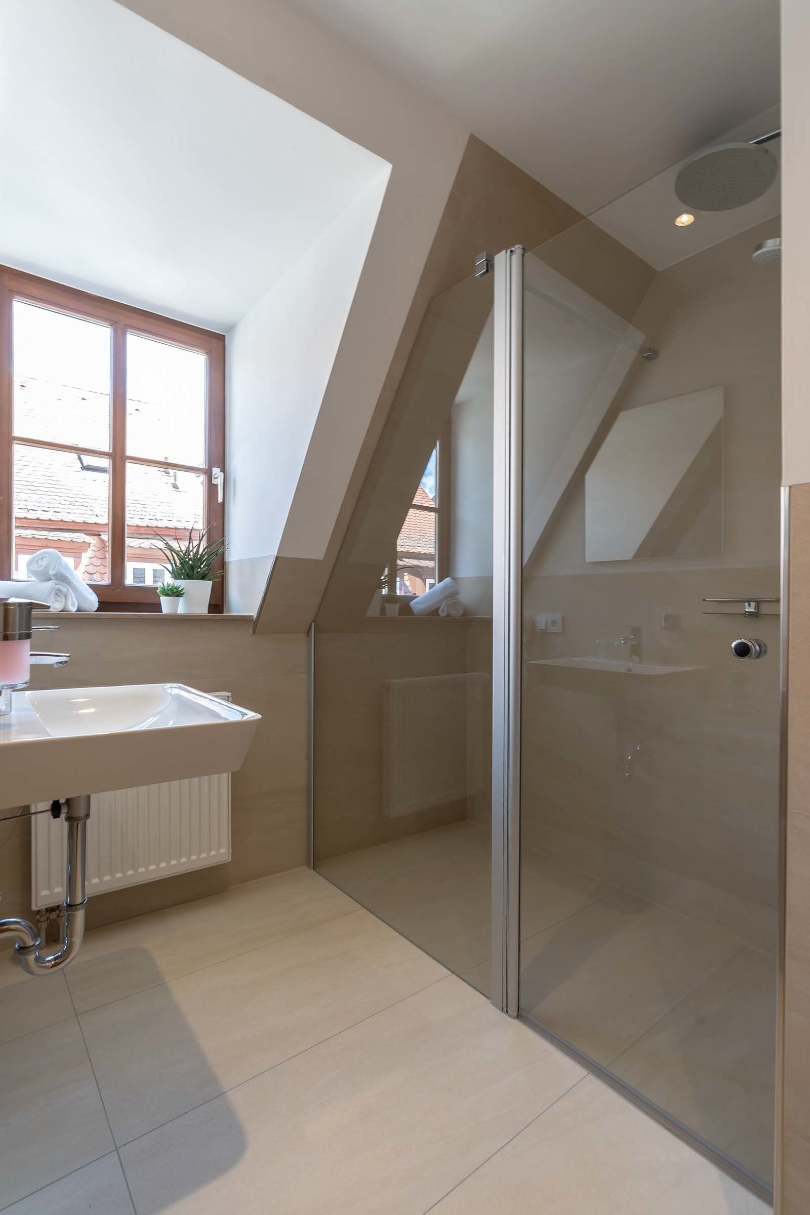 A modern bathroom with a glass shower enclosure, a sink with a mirror, and a window with a plant.