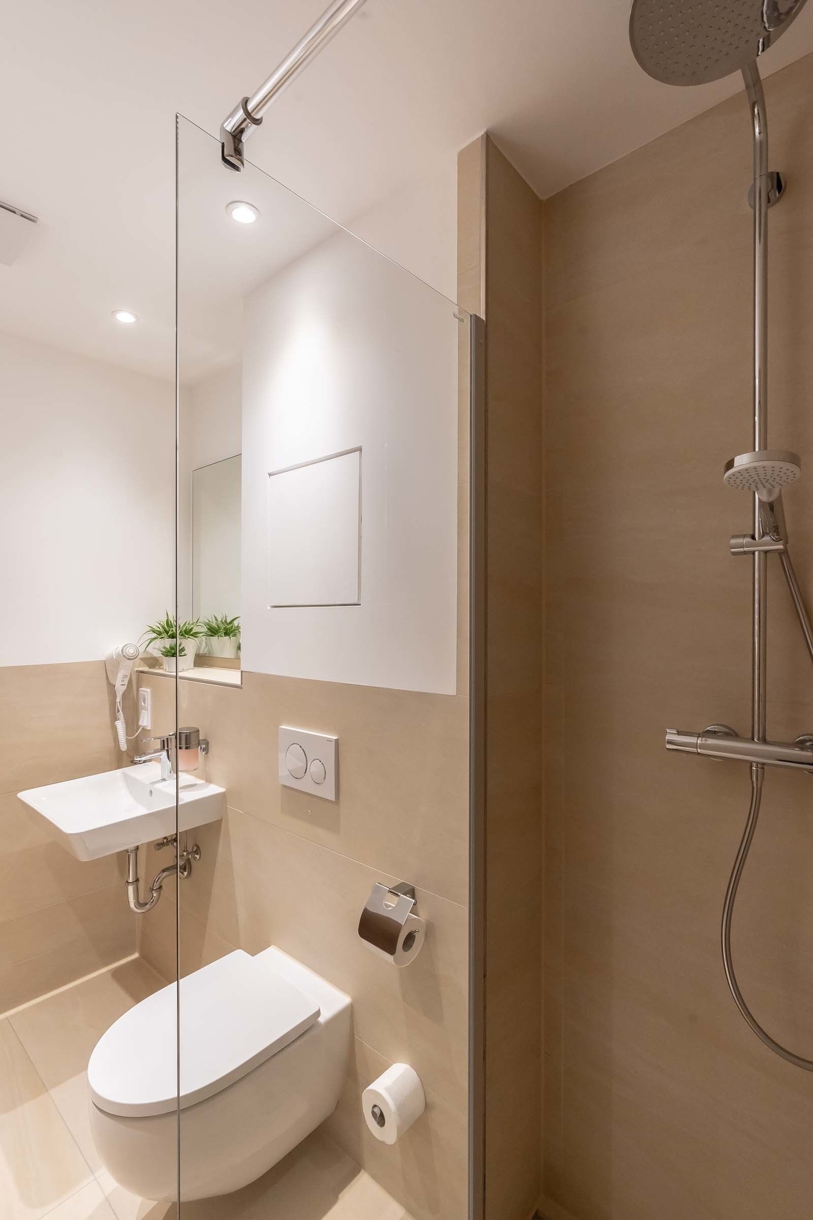 Un baño moderno con cabina de ducha de vidrio, inodoro blanco, lavamanos y un estante pequeño con plantas.