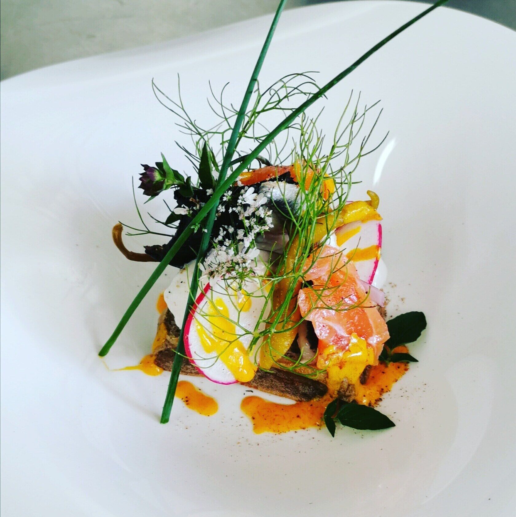 Un plato blanco con un guiso de pescado, verduras y una guarnición de hierbas verdes.