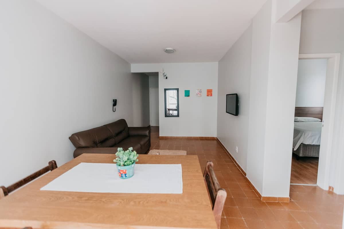 A modern living room with a wooden dining table, a brown sofa, and a small plant.