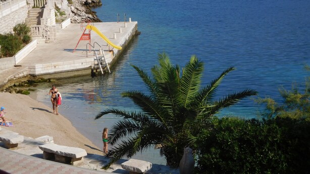 A coastal area with a beach, a lifeguard tower, and a palm tree. - Apartments Ivancevic (Korcula)